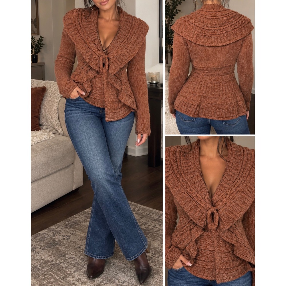 Elsamana Italian Wool Alpaca Blend Peplum Cardigan Rust Brown color Size small